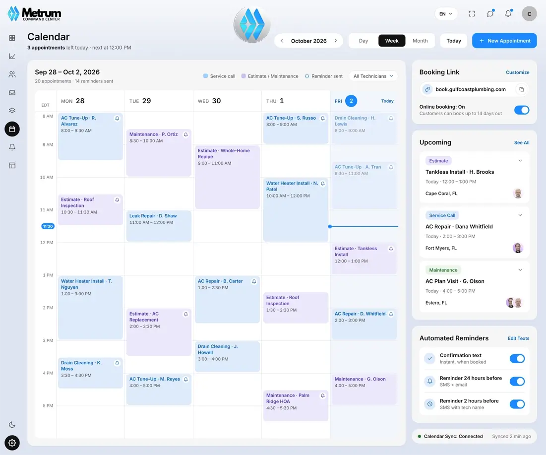 Team calendar and booking settings in Command Center