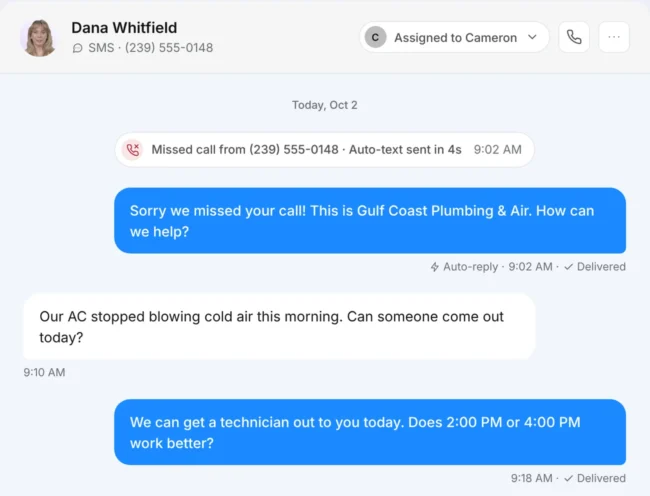 Missed call automatically texted back in Command Center