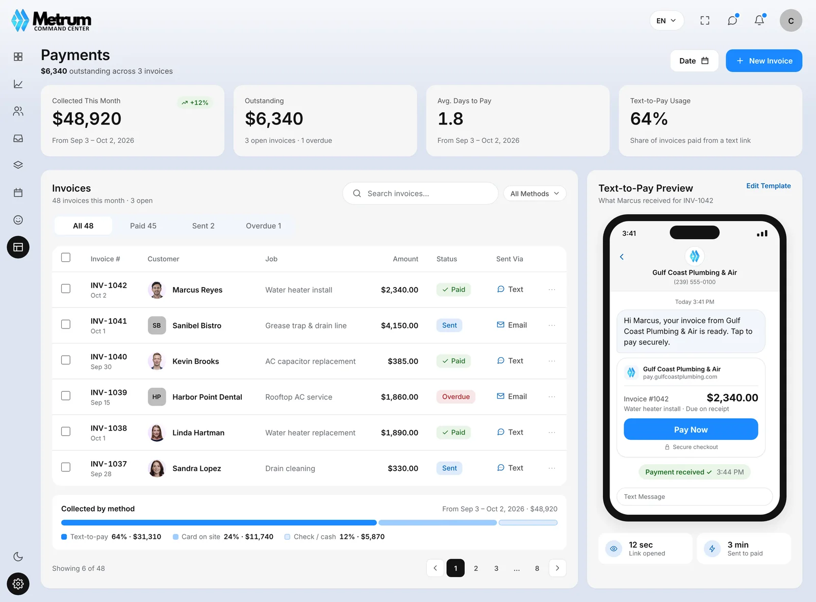 Invoices and text-to-pay in Command Center